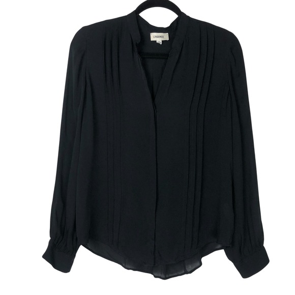 L'AGENCE Tops - L'Agence Womens 100% Silk Pleated V-Neck Button Down Size M Black Quiet Luxury